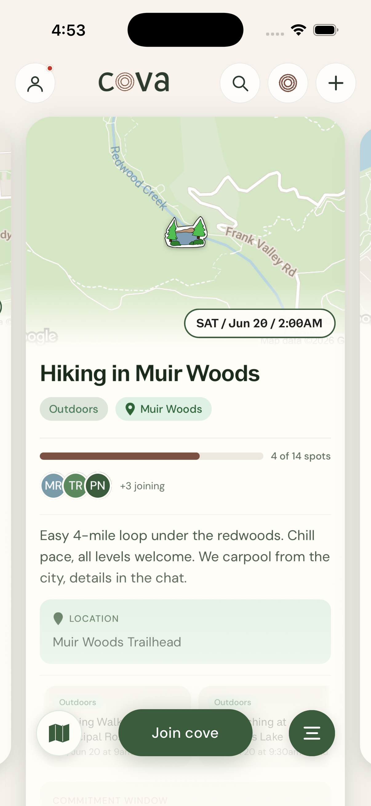 A cove in the Cova app - a hike in Muir Woods, with the spot on a map, who's joining, and a button to join