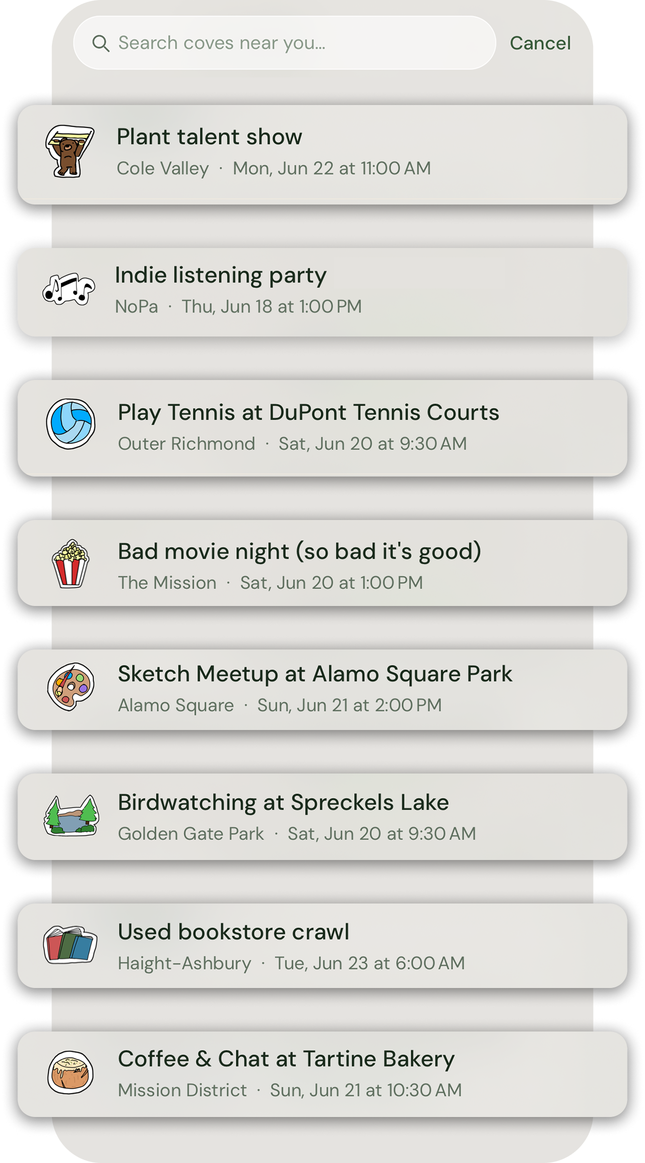 Searching coves nearby - a scrollable list of plans, each with its category